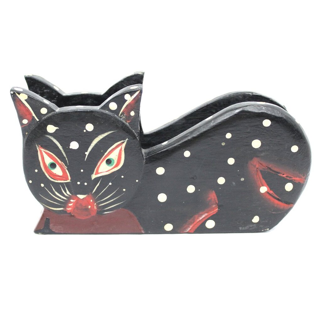 FOLK ART WOOD CARVED PAINTED BLACK SPOTTED CAT IMAGE NAPKIN/MAIL HOLDER VINTAGE